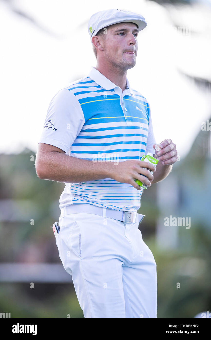 Honolulu, Hawaii, USA. 10 Jan, 2019. Bryson DeChambeau Spaziergänge die Fahrrinne in der ersten Runde der Sony Open bei Waialae Country Club in Honolulu, Hawaii. Glenn Yoza/CSM/Alamy leben Nachrichten Stockfoto