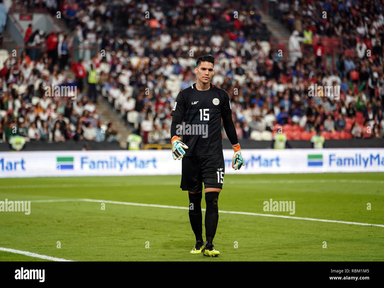 Januar 11, 2019: Michael Falkesgaard während der Philippinen Philippinen v China an der Mohammed Bin Zayed Stadion in Abu Dhabi, VAE, AFC Asian Cup, asiatische Fußball-Meisterschaft. Ulrik Pedersen/CSM. Stockfoto