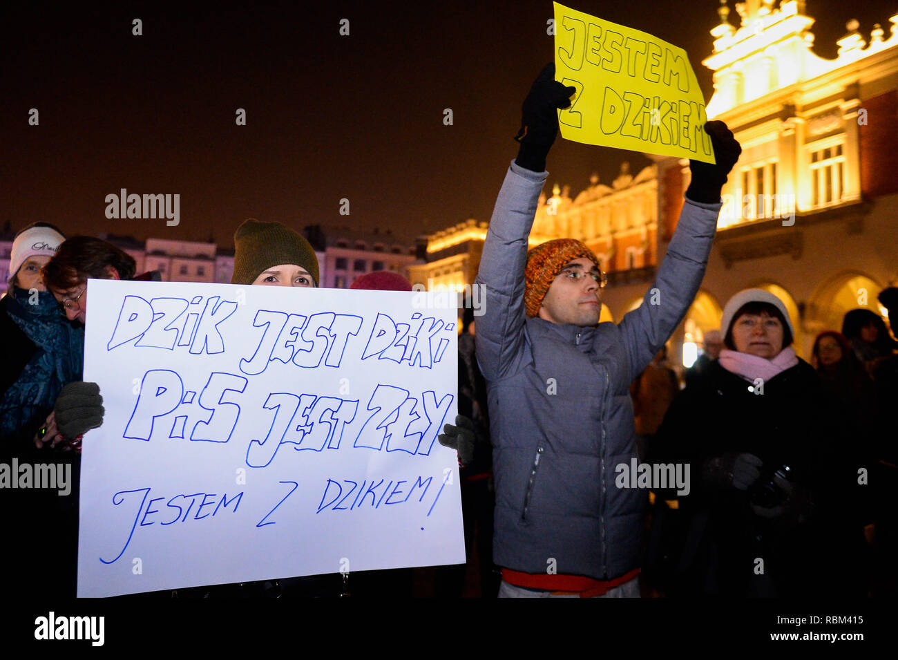 Krakau, Polen. 11 Jan, 2019. Die demonstranten gesehen hält ein Plakat bei einem Protest gegen eine Masse Toetung von Wildschwein durch die polnischen Behörden bestellt die Ausbreitung der Afrikanischen Schweinepest, die Schweinefleisch in Polen betroffen hat, reduziert. Credit: Omar Marques/SOPA Images/ZUMA Draht/Alamy leben Nachrichten Stockfoto