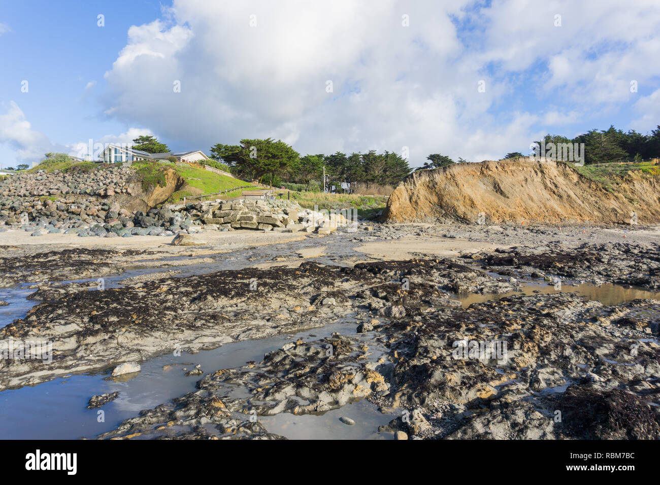 Creek fließt in den Pazifischen Ozean bei Ebbe, Moss Beach, Fitzgerald Marine Reserve, Kalifornien Stockfoto