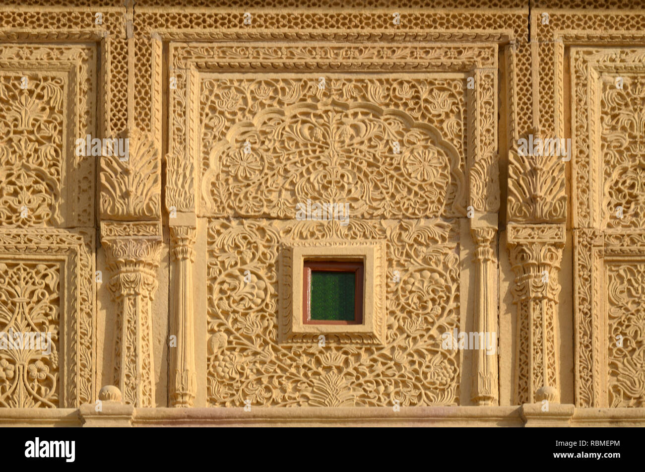 Carven auf palace Wall, Jaisalmer, Rajasthan, Indien, Asien Stockfoto