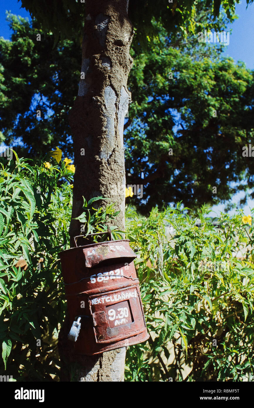 Mailbox auf Baumstamm, 583221, Hampi, Karnataka, Indien, Asien Stockfoto