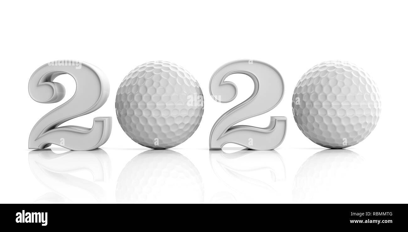 Golf 2020. Neues Jahr 2020 mit Golf Ball auf weißem Hintergrund. 3D-Darstellung Stockfoto