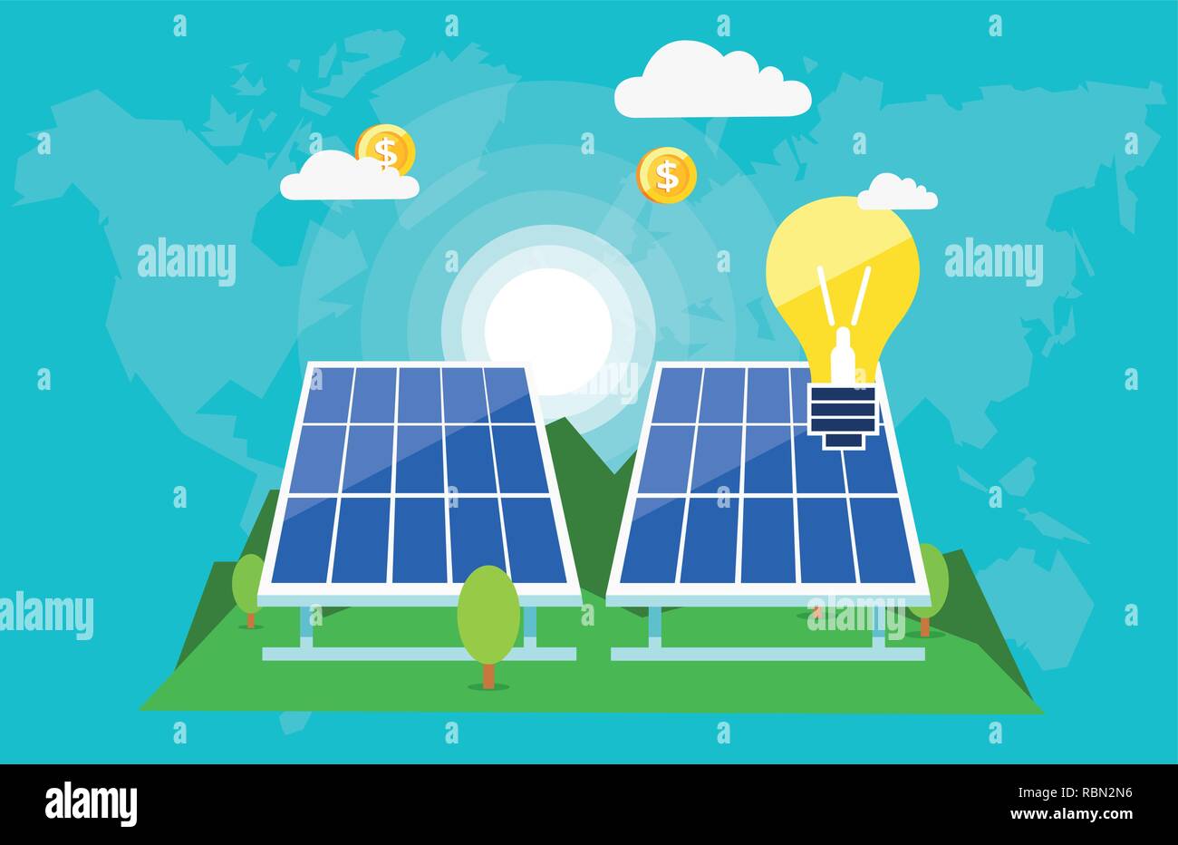 Kreative grafische Gestaltung von Solar Batterien mit brennenden Lampen und fliegende Dollar Münzen zeigen innovative grüne Welt Stock Vektor