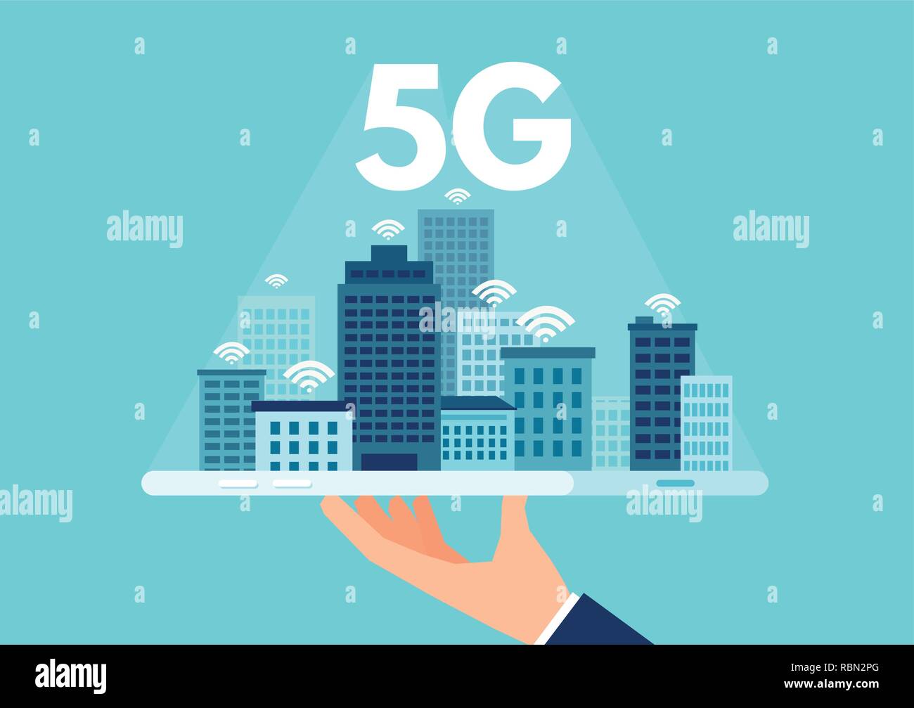 Der Vektor der 5g Network Logo über das Smart City mit Symbolen der Stadt Infrastruktur Wolkenkratzer. Hohe Geschwindigkeit, Breitband Telekommunikation wireless Internet Stock Vektor