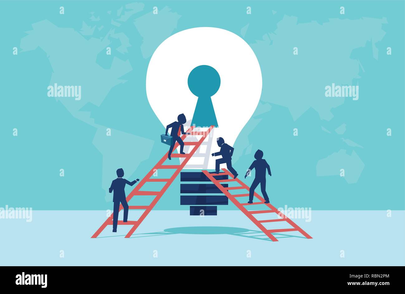 Der Vektor der Geschäftsleute, die Leiter in die Glühbirne öffnen Schlüsselloch. Tauchen Sie ein in die Idee teamwork Kreativität Konzept. Stock Vektor