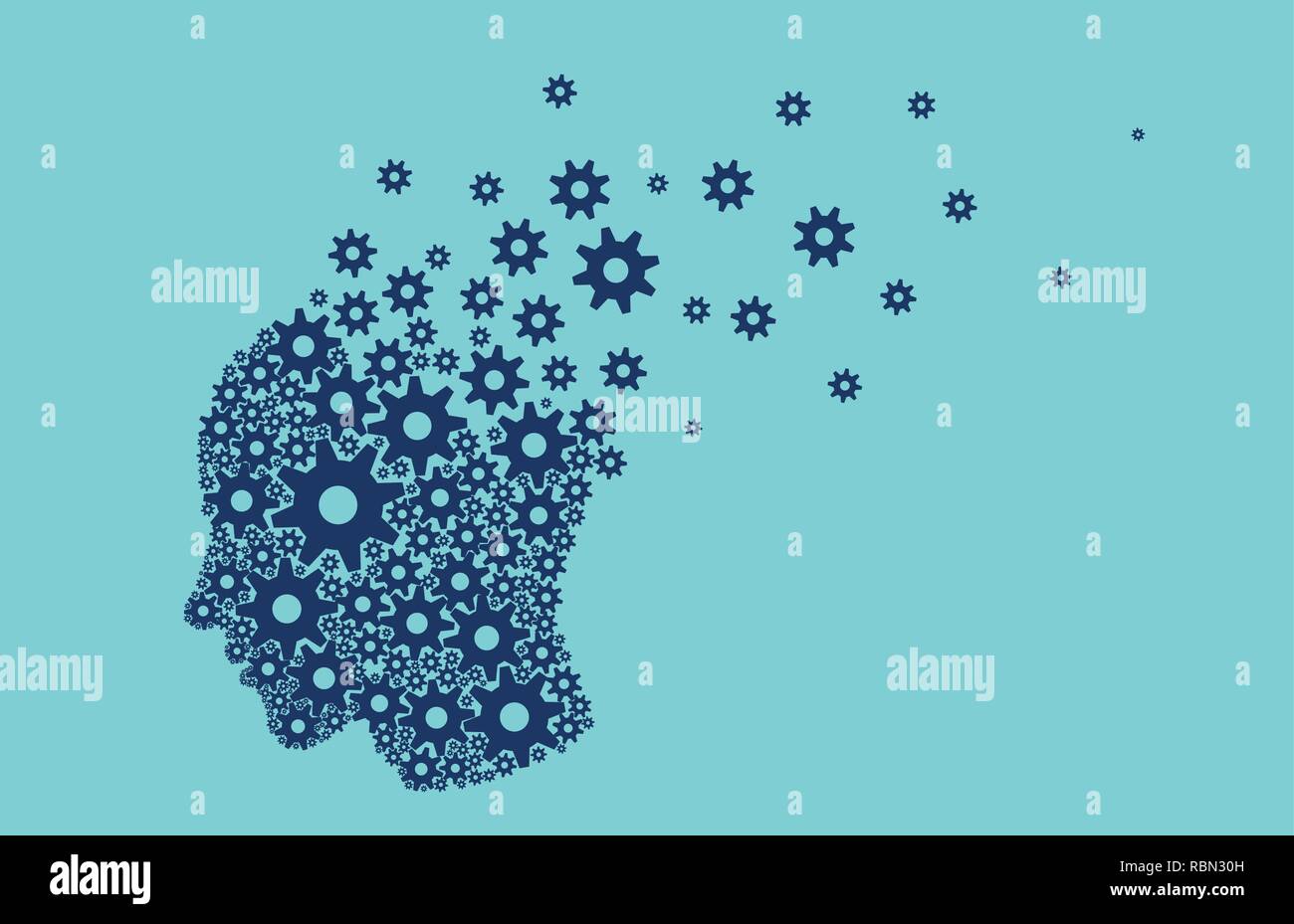 Alzheimer Gedächtnisverlust durch Demenz Konzept. Vektor eines menschlichen Kopfes Gehirn in kleine Stücke brechen Mechanismen Gang Stock Vektor