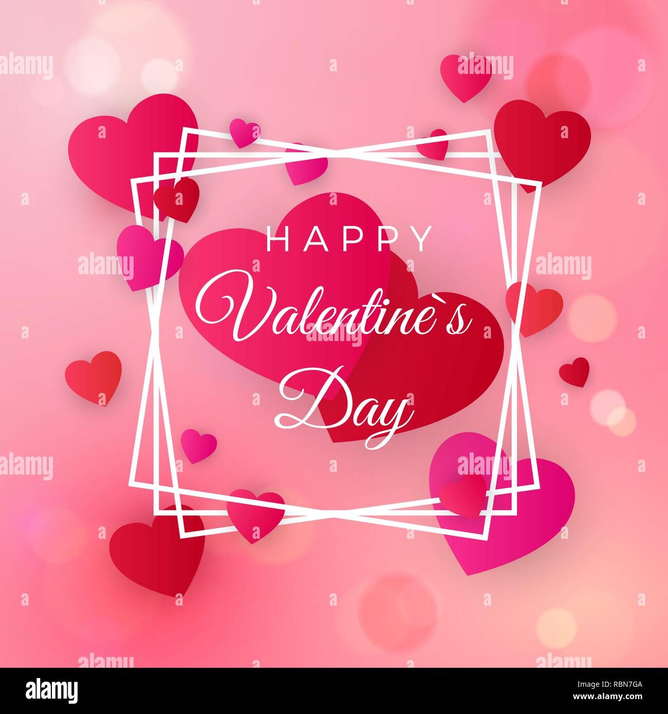 Happy Valentines Tag Grußkarte. Rotes Papier Herzen und weißen Rahmen. Urlaub Dekoration Element. Vector Illustration isoliert auf rosa Hintergrund Stock Vektor