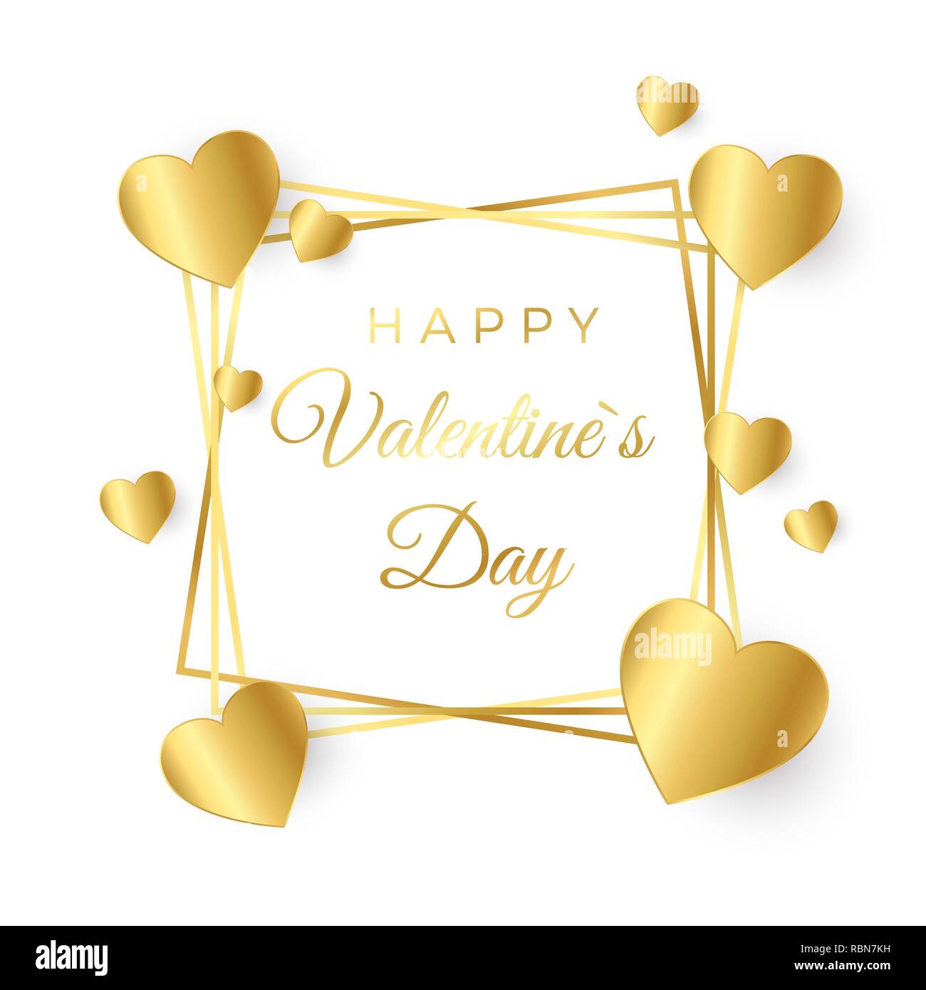 Gold Herzen und den Rahmen mit Text auf weißem Hintergrund. Happy Valentines Tag Grußkarte. Konzept für Valentines Banner. Vector Illustration Stock Vektor