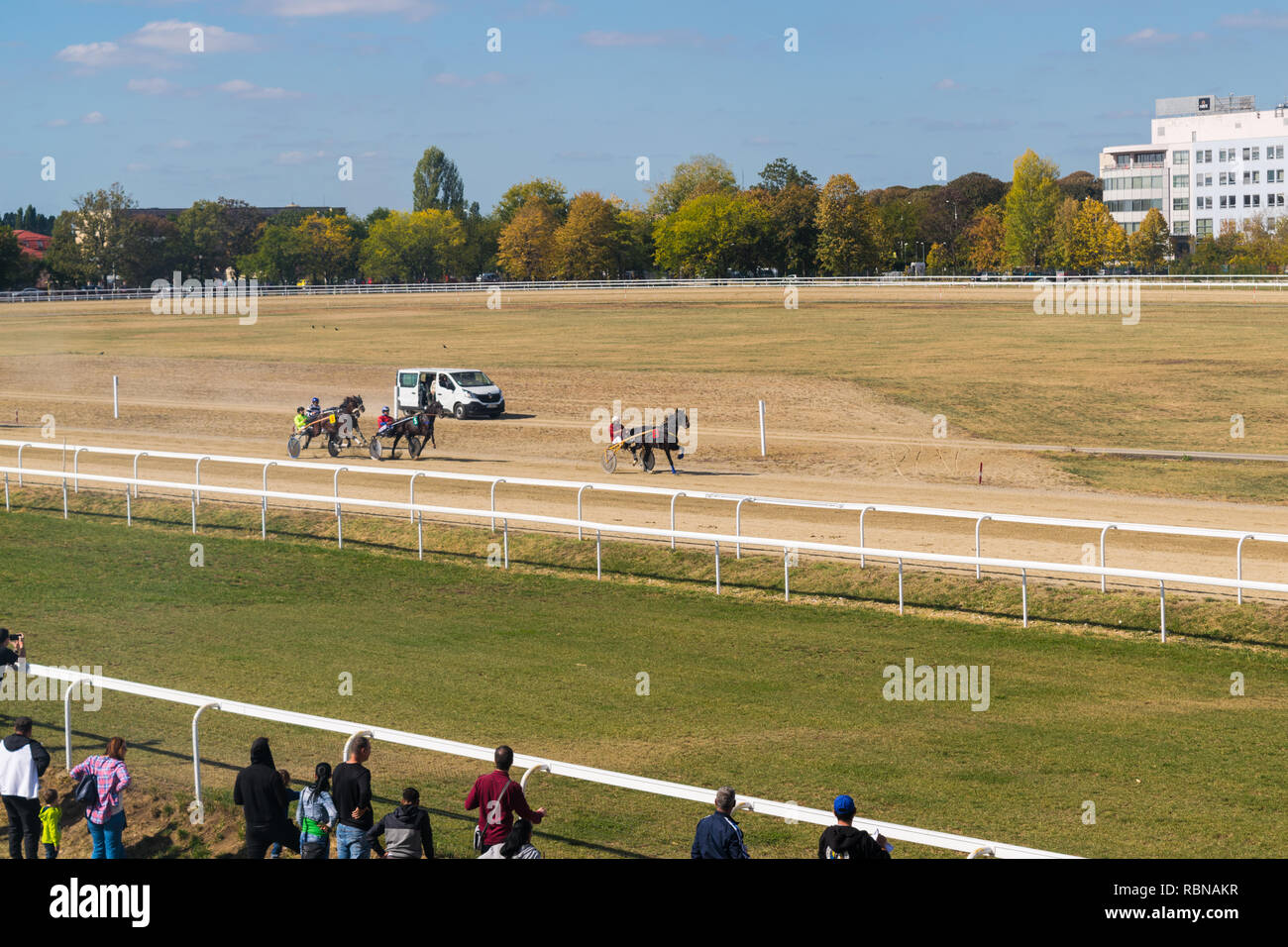 Ploiesti, Rumänien - Oktober 07, 2018: Leute beobachten einen trabenden Pferd Rennen auf Ploiesti Hippodrom in Prahova, Rumänien statt. Stockfoto
