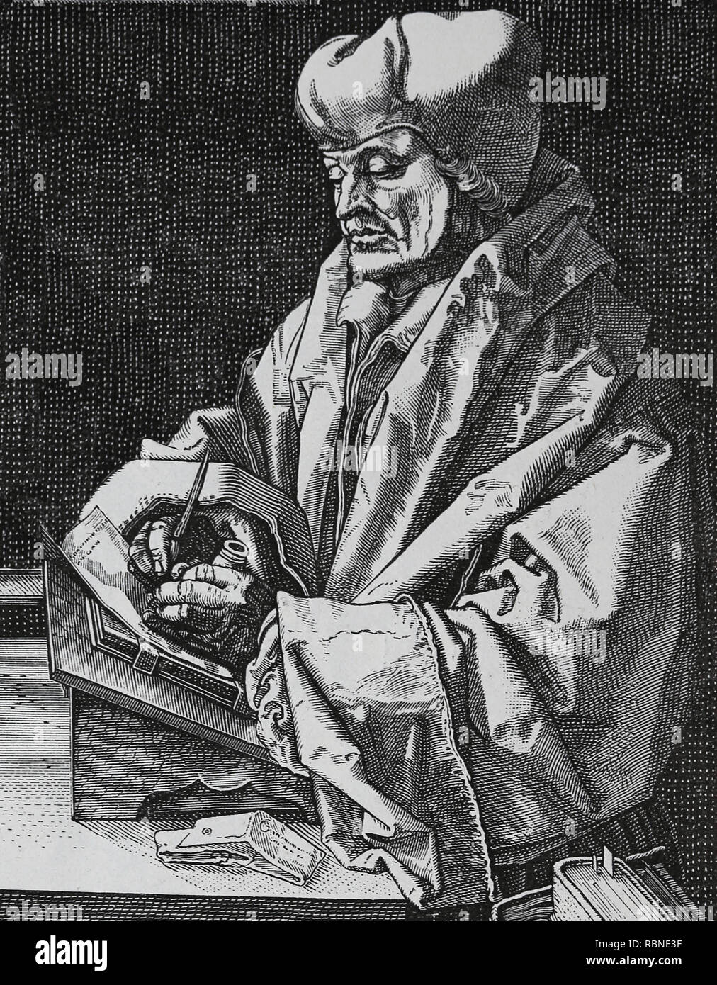 Erasmus von Rotterdam (1466-1536). Niederländische Humanist. Kupferstich von Albrecht Dürer, 1526. Edition, Germania, 1882. Stockfoto