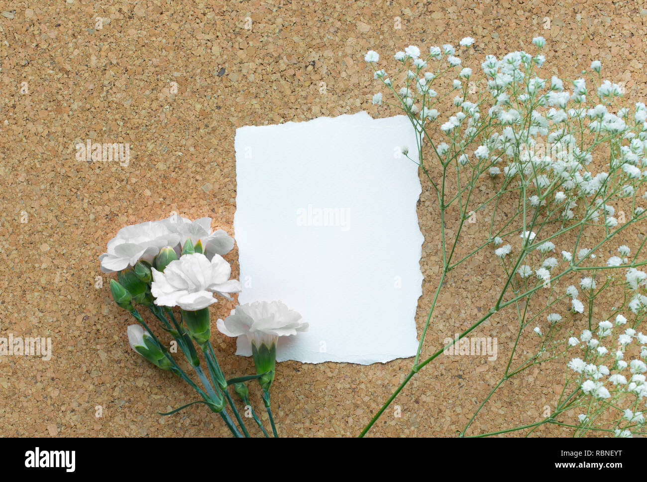 White paper Karte mit Blume auf hölzernen Pinnwand-hintergrund. Flach. feminine Konzepte Design. minimalistischen Stil Stockfoto