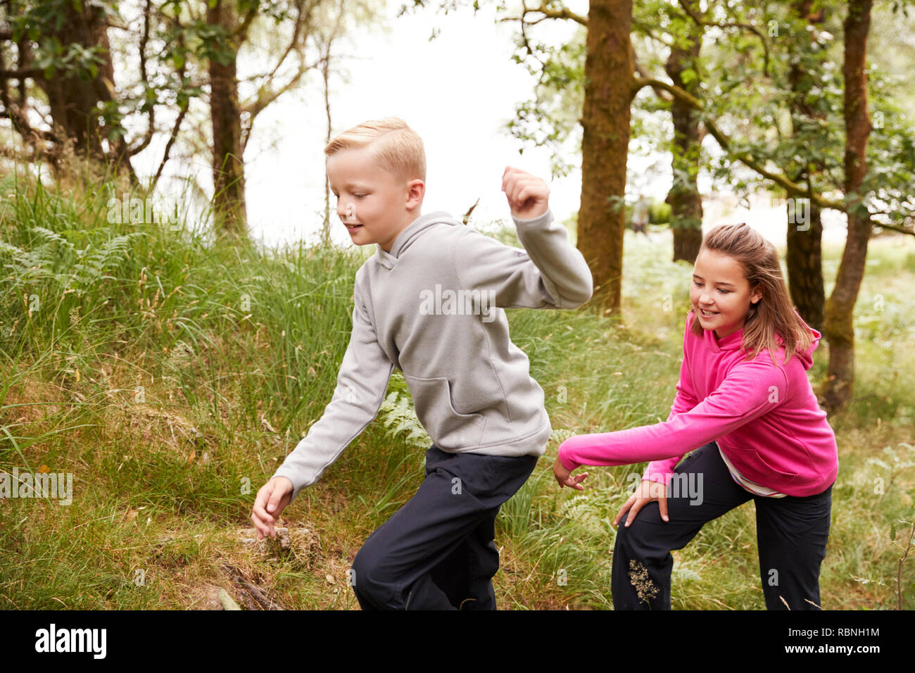 Zwei Kinder zusammen gehen durch einen Wald durch hohes Gras, Seitenansicht Stockfoto