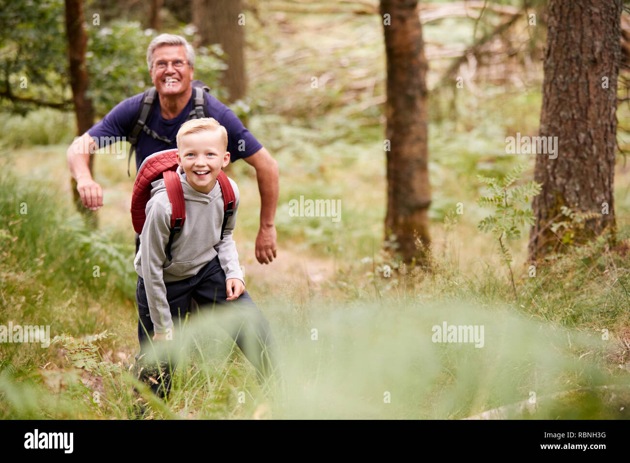 Großvater und Enkel wandern in einem Wald im Grünen, Vorderansicht Stockfoto