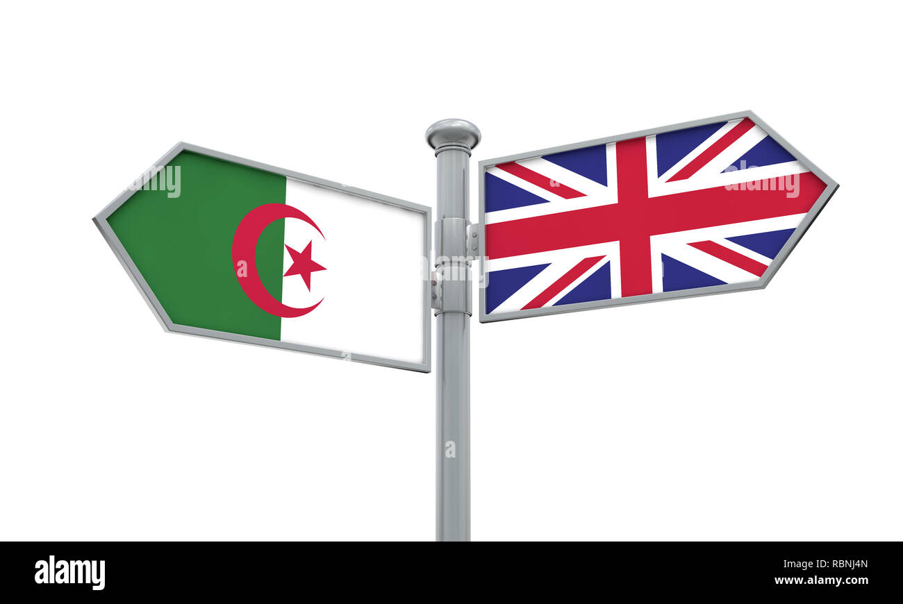 Algerien und Vereinigtes Königreich Wegweiser. Bewegen sich in verschiedene Richtungen. 3D-Rendering Stockfoto