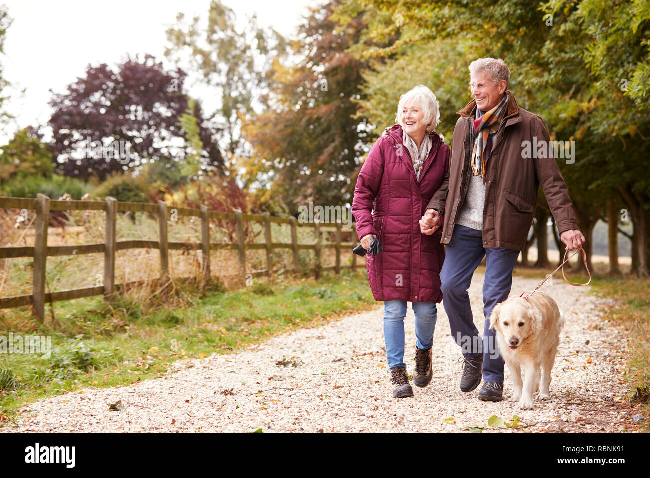 Active Senior Paar auf Herbst Spaziergang mit Hund auf dem Weg durch die Landschaft Stockfoto