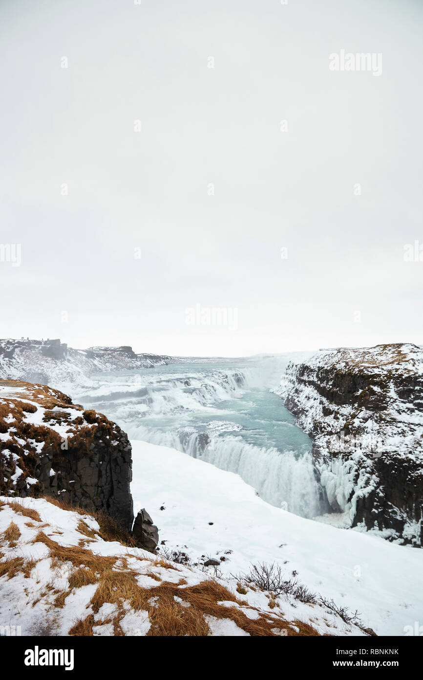 Gefrorene Wasserfälle am Gullfoss in Island Stockfoto