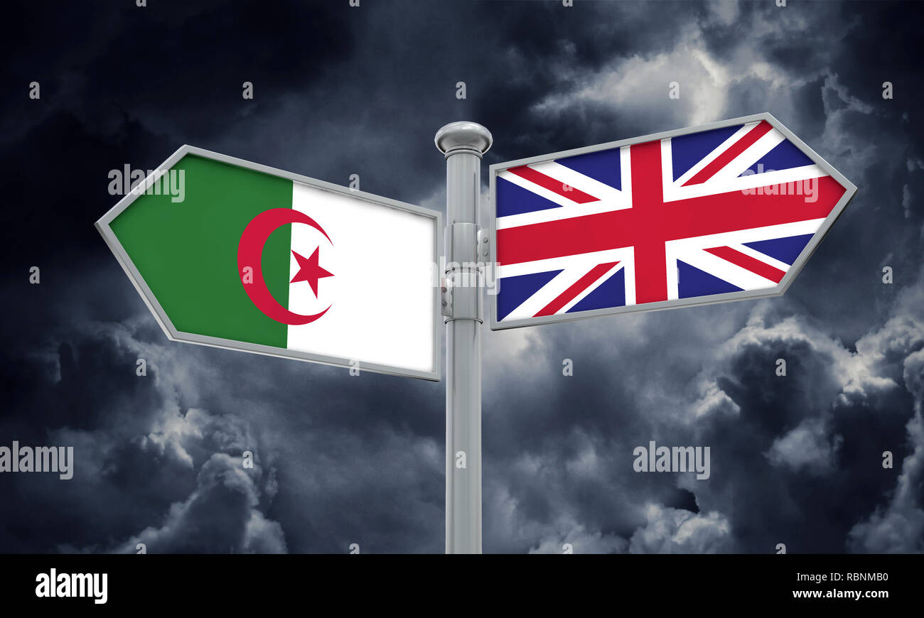 Algerien und Vereinigtes Königreich Wegweiser. Bewegen sich in verschiedene Richtungen. 3D-Rendering Stockfoto