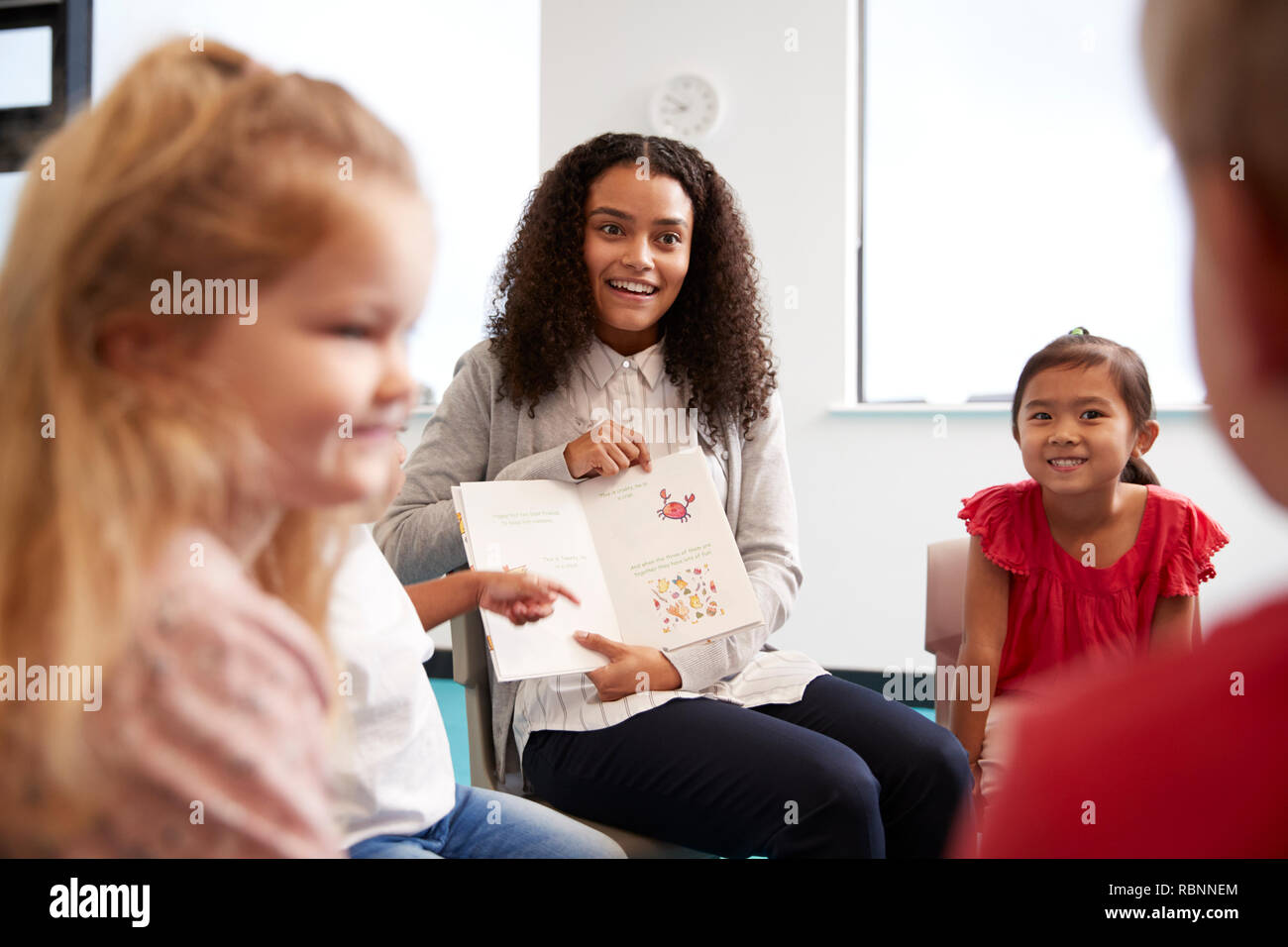 Blick über die Schulter der Lehrerin zeigt ein Bild in einem Buch zu einer Gruppe von Kindergarten Kinder sitzen auf Stühlen in einem Klassenzimmer, in der Nähe Stockfoto