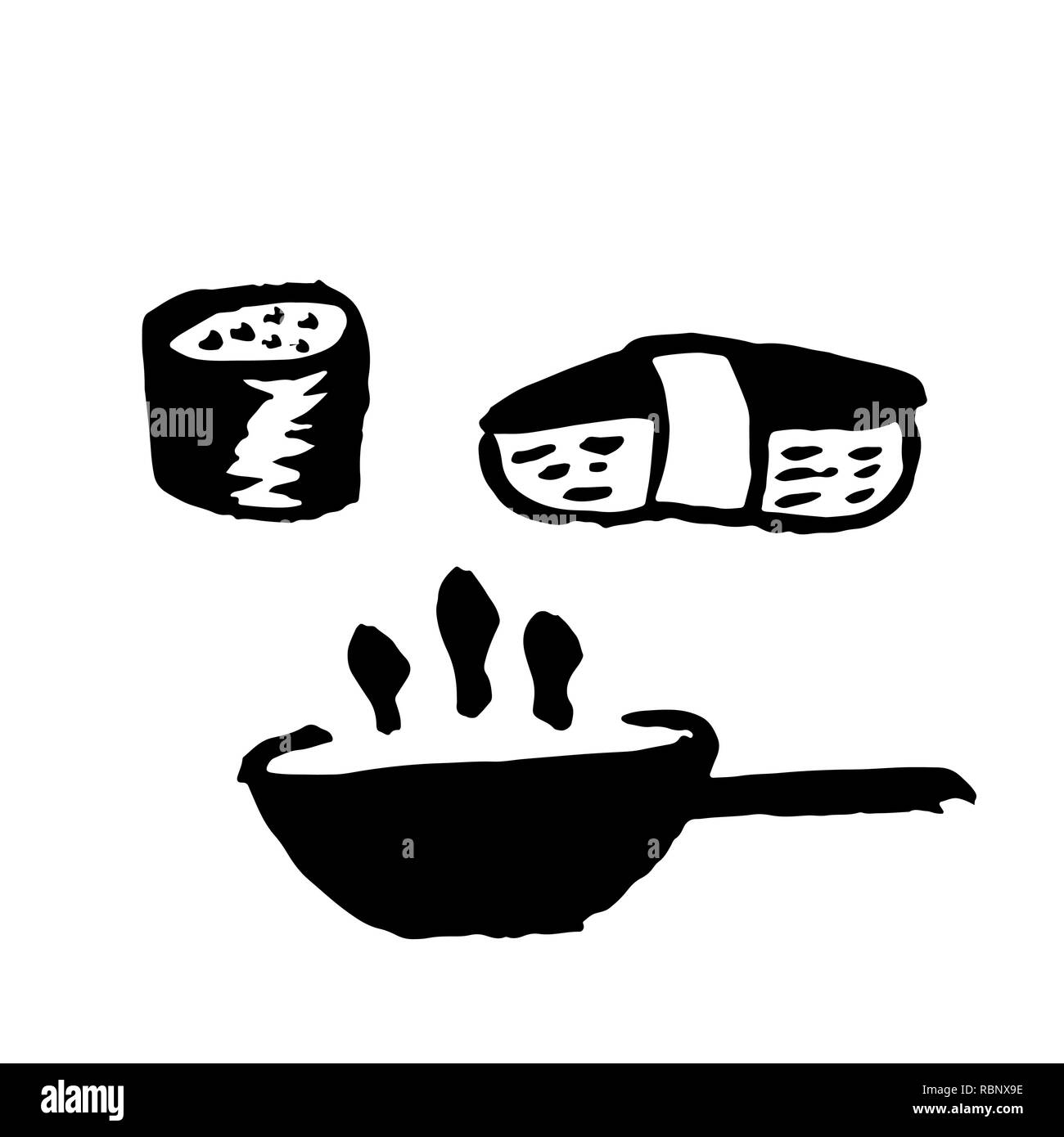 Asiatische Lebensmittel grunge Icons einstellen. Hand Tinte Vector Illustration gezeichnet. Stock Vektor