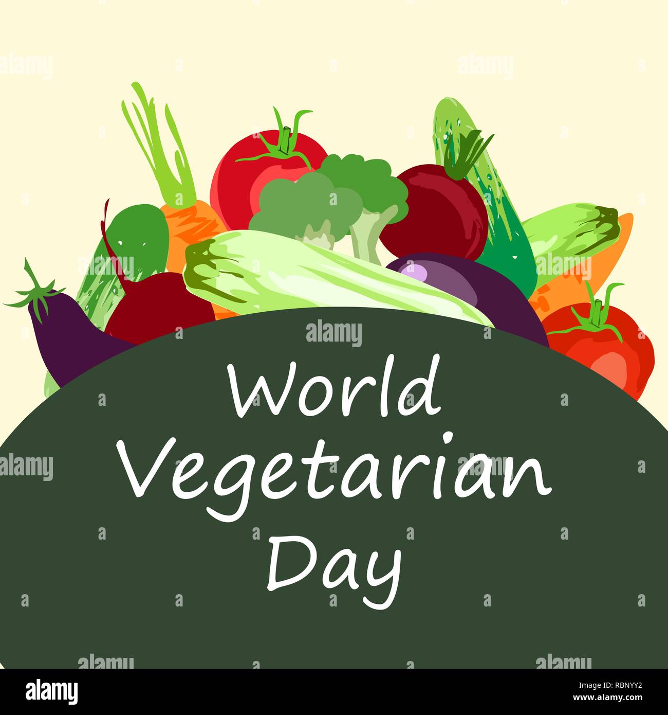 Weltvegetariertag. Gemüse, rote Rüben, Gurke, Tomate, Aubergine, Zucchini, Kohl, Karotten für eine gesunde Ernährung. Vector Illustration Stock Vektor