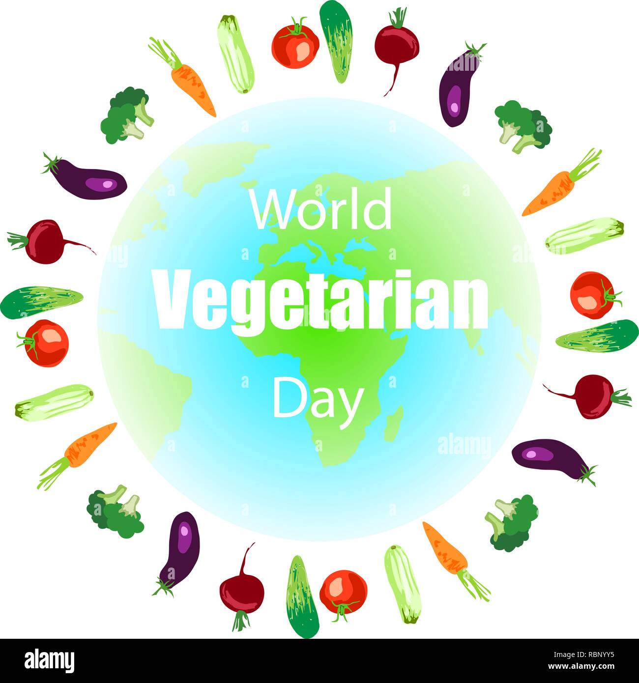 Weltvegetariertag. Gemüse, rote Rüben, Gurke, Tomate, Aubergine, Zucchini, Kohl, Karotten für eine gesunde Ernährung. Vector Illustration Stock Vektor