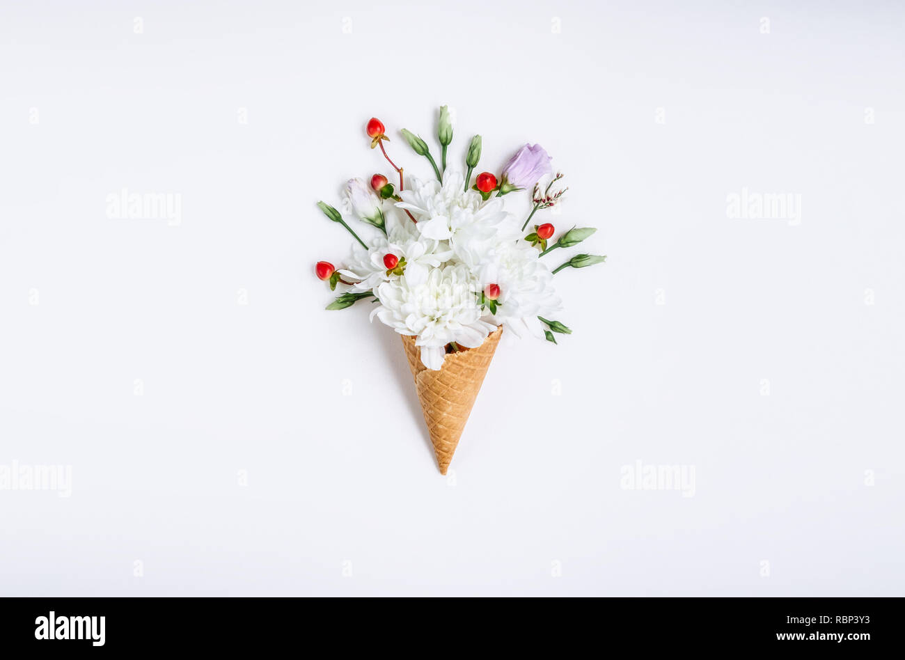Schönen Blumenstrauß Blume in Eis auf weißem Hintergrund. Blumenschmuck, Flachbild Styling legen. Ansicht von oben. Kreative still life Idee, Feder wallpape Stockfoto