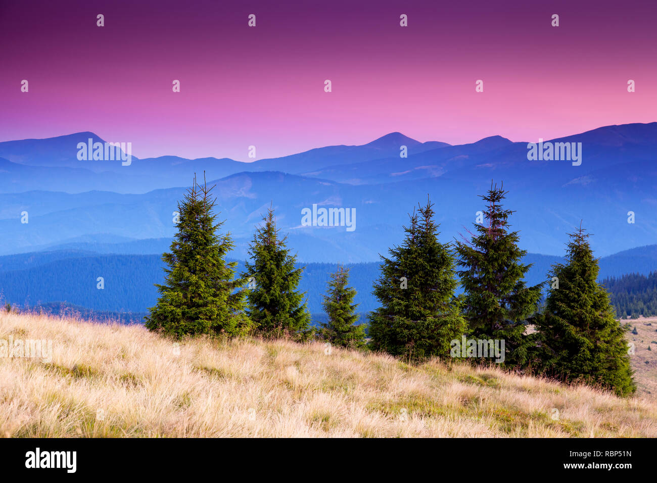 Majestätischer morgen Berg Landschaft mit bunten Wolke. Rosa Himmel. Karpaten, Ukraine, Europa. Beauty Welt. Stockfoto