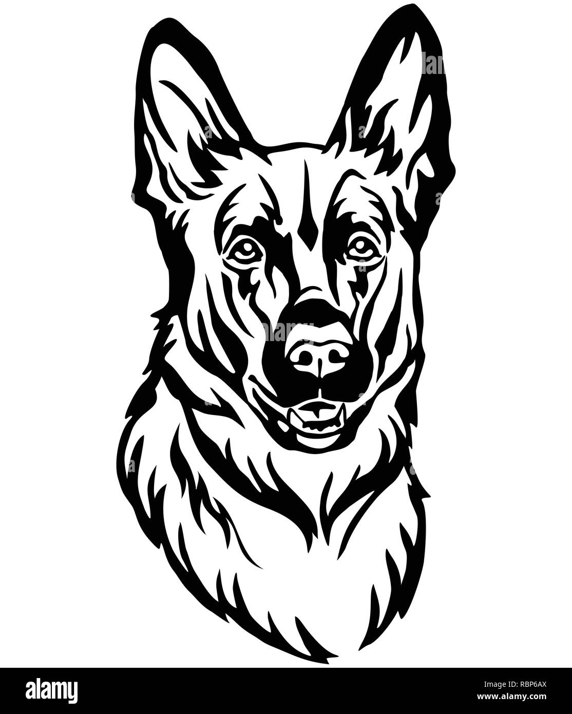 Dekorative Portrait von Hund Schäferhund, Vektor isoliert Abbildung in schwarz auf weißem Hintergrund. Bild für Design und Tattoo. Stock Vektor