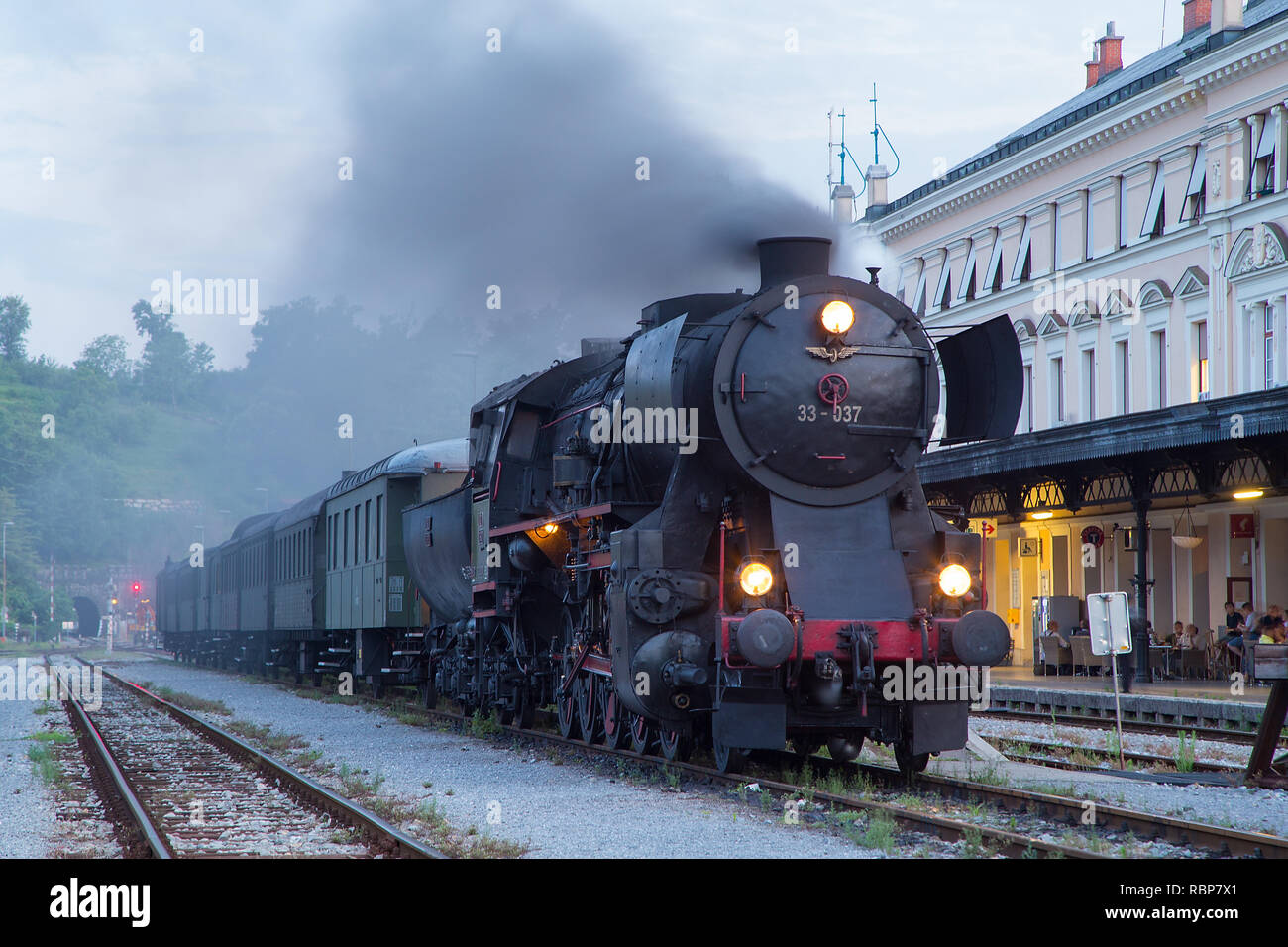 Alten Dampfzug am Bahnhof von Nova Gorica, Slowenien Stockfoto