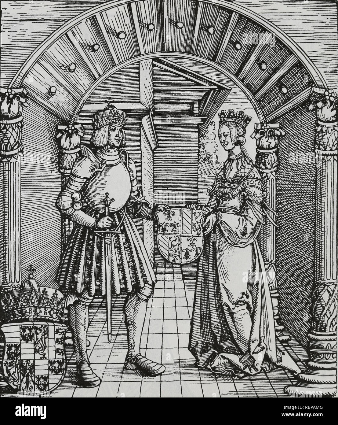 Maximilian I (1459-1519). Kaiser des Heiligen Römischen Reiches. Kupferstich von Dürer. Die Verlobung von Maximilian I. und Maria von Burgund. Stockfoto