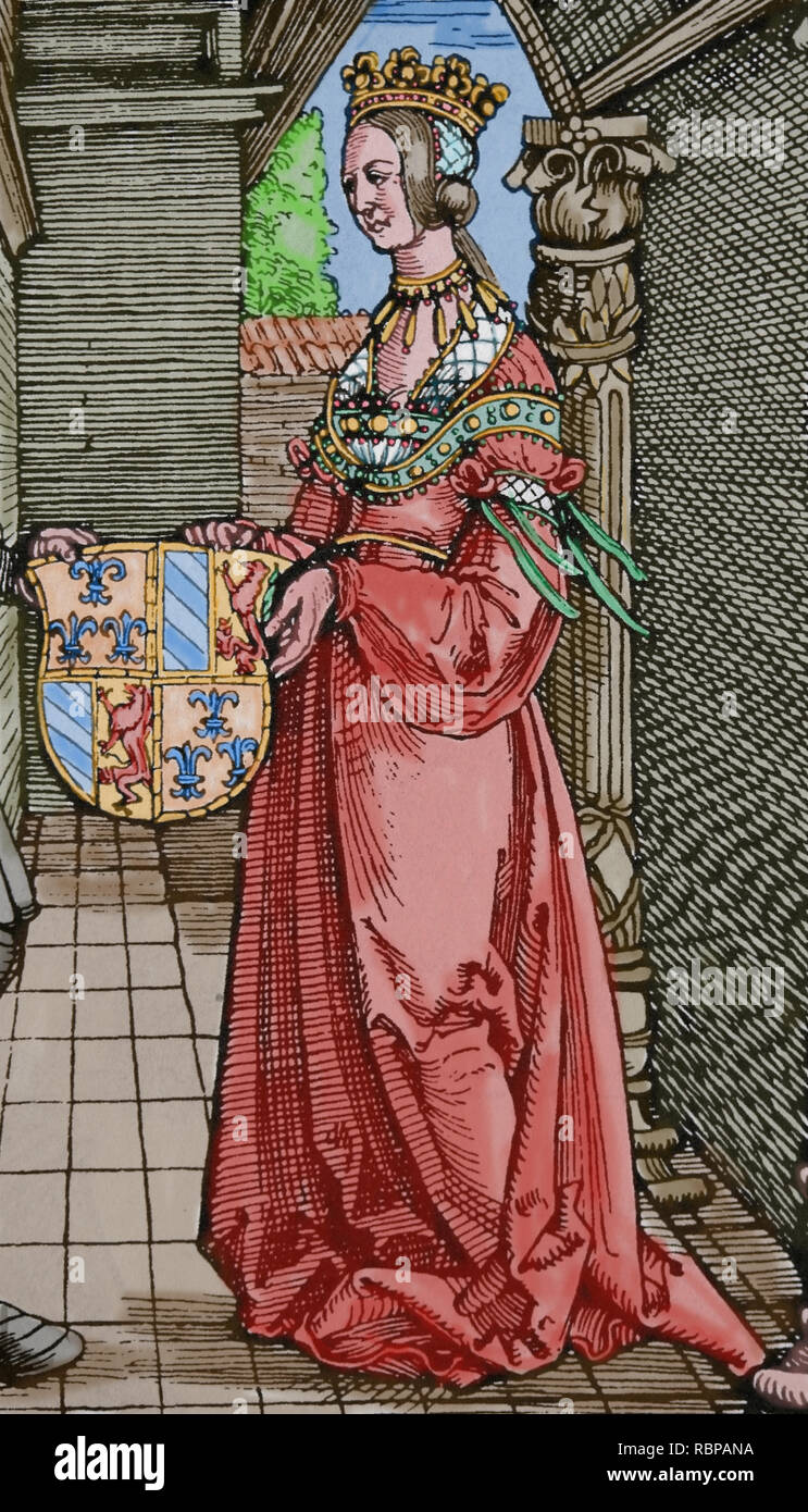 Maximilian I (1459-1519). Kaiser des Heiligen Römischen Reiches. Kupferstich von Dürer. Die Verlobung von Maximilian I. und Maria von Burgund. Detail Stockfoto