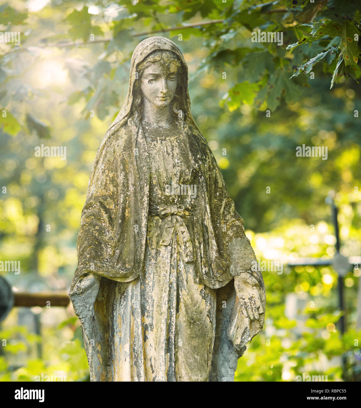 Statue der Maria Mutter Gottes, im Herbst Baum backgroung. Religiöses Symbol. Stockfoto