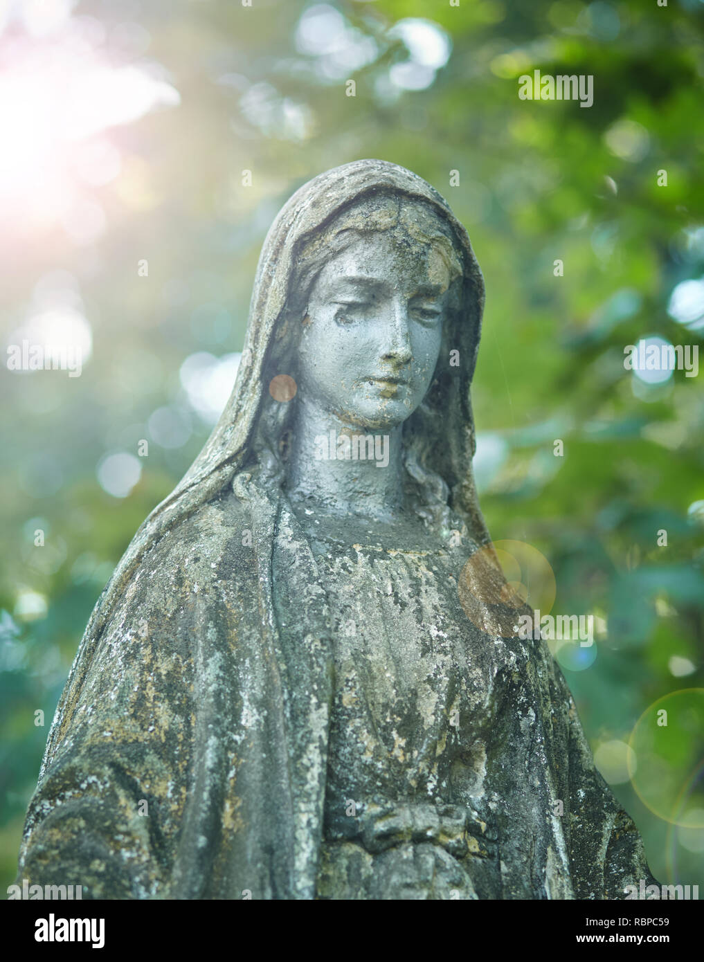 Statue der Maria Mutter Gottes, im Herbst Baum backgroung. Religiöses Symbol. Stockfoto