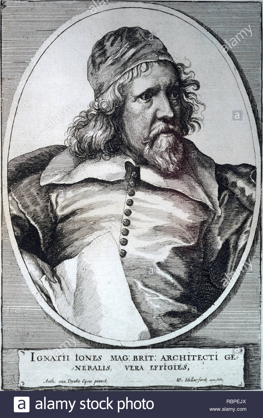 Inigo Jones Porträt, 1573 - 1652, war der erste bedeutende englische Architekt in der Frühen Neuzeit, und die erste Vitruvianische Regeln von Proportion und Symmetrie in seinen Gebäuden zu beschäftigen, Radierung von Böhmische Kupferstecher Wenzel Hollar aus 1600s Stockfoto