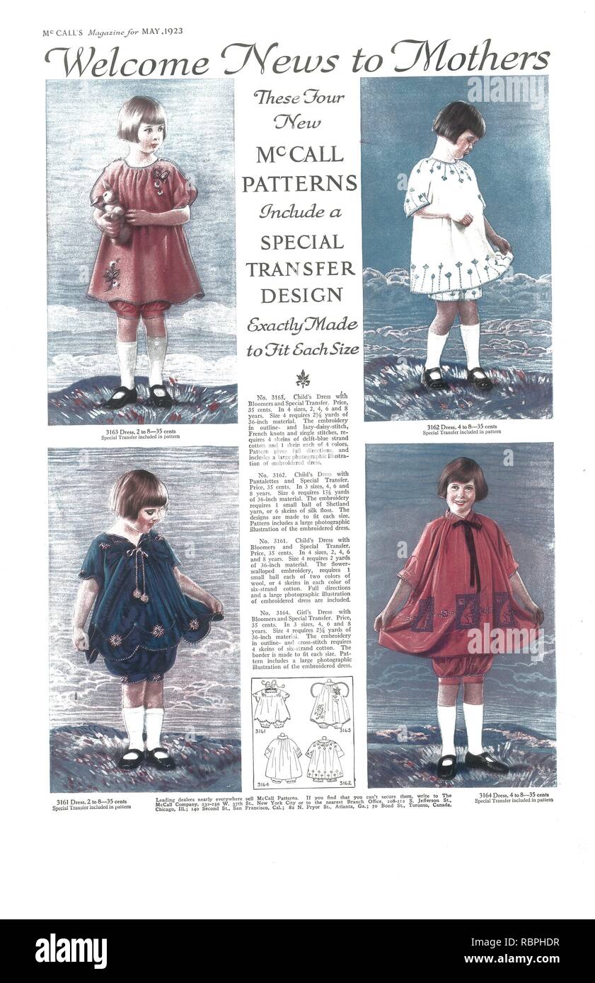 Werbung für McCall Muster für die Kleider der Kinder 1923 Stockfoto