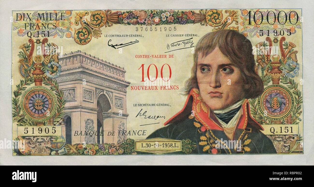 10 000 Francia frankos Bankjegy, Bonaparte - típus, 100 új Frank névértékre felülnyomva. Stockfoto