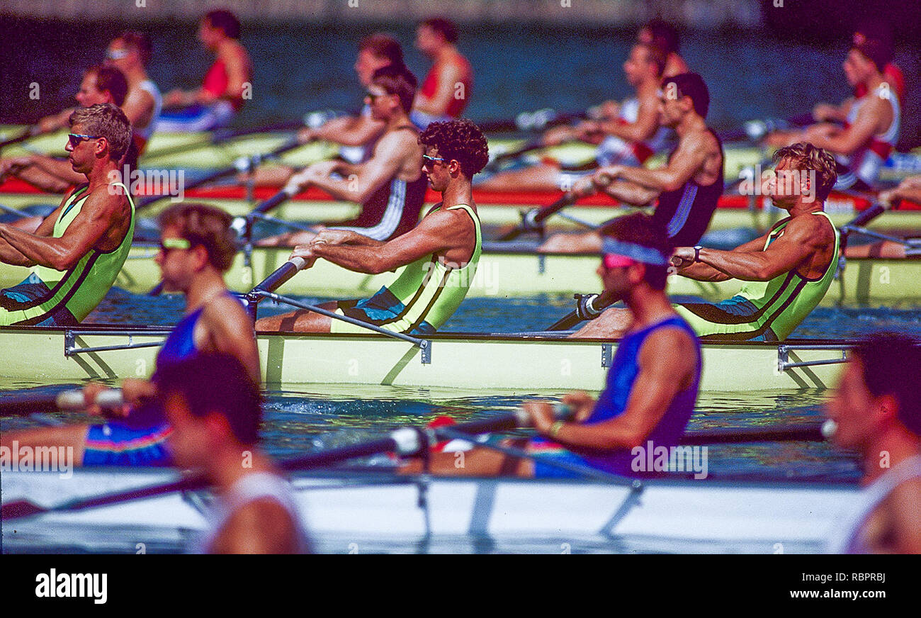 Barcelona, Spanien, 1992 Olympische Regatta. See Banyoles, Nr Barcelona, AUS M4-, Mike MCKAY, Nick GREEN, James TOMKINS, Andrew Cooper, [Nickname; Oarsome Viererspiel] [Pflichtfeld Credit: © Peter Spurrier/Intersport - Bilder] Stockfoto