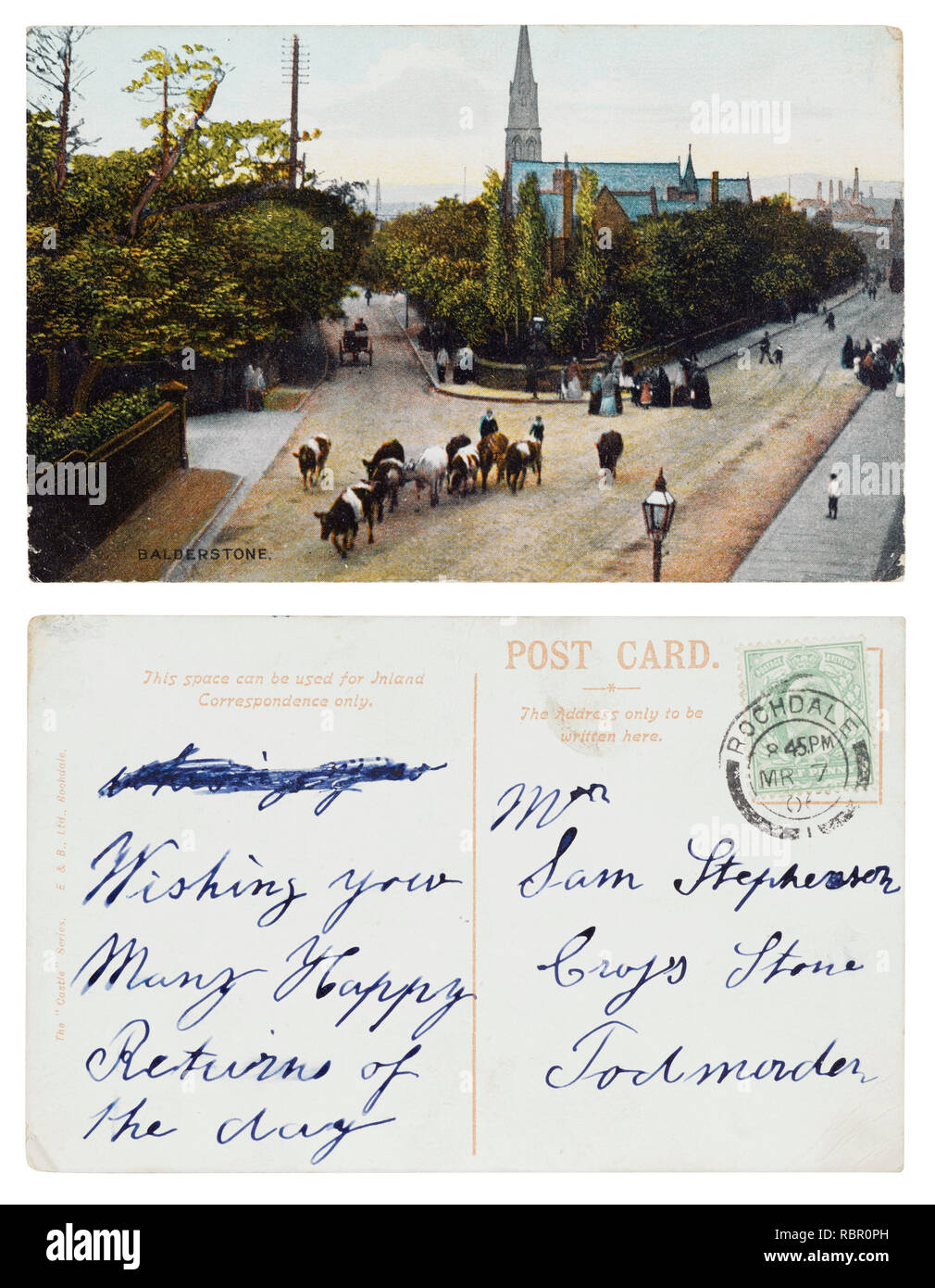 Postkarte von Balberstone in Lancashire gesendet von Rochdale im März 1906 zu Sam Stephenson, Cross Stein, Todmorden, die alle glücklich bin zurück Stockfoto