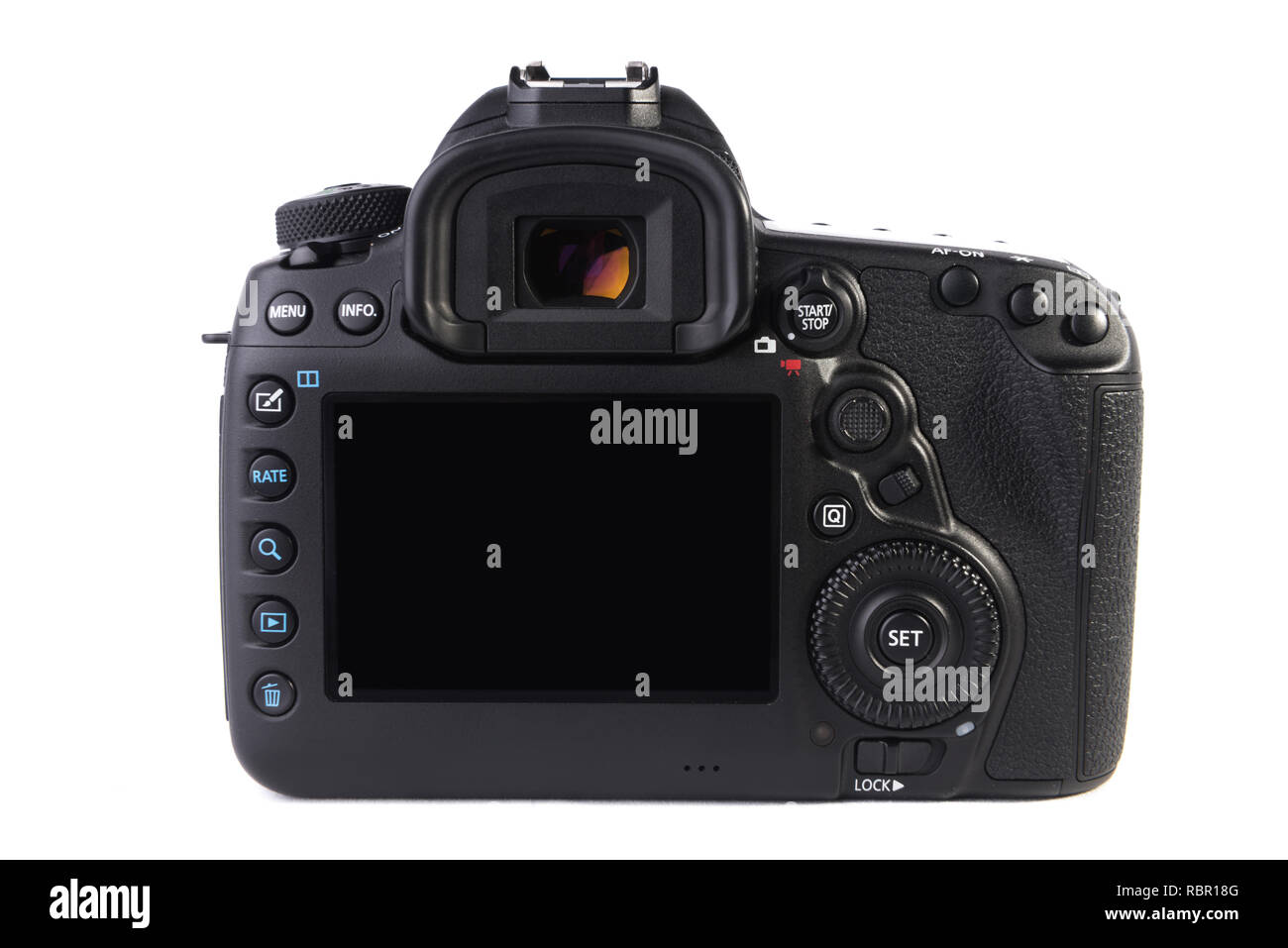 Canon 5D Mark IV DSLR-Kameragehäuse aus zurück auf weißem Hintergrund. Stockfoto