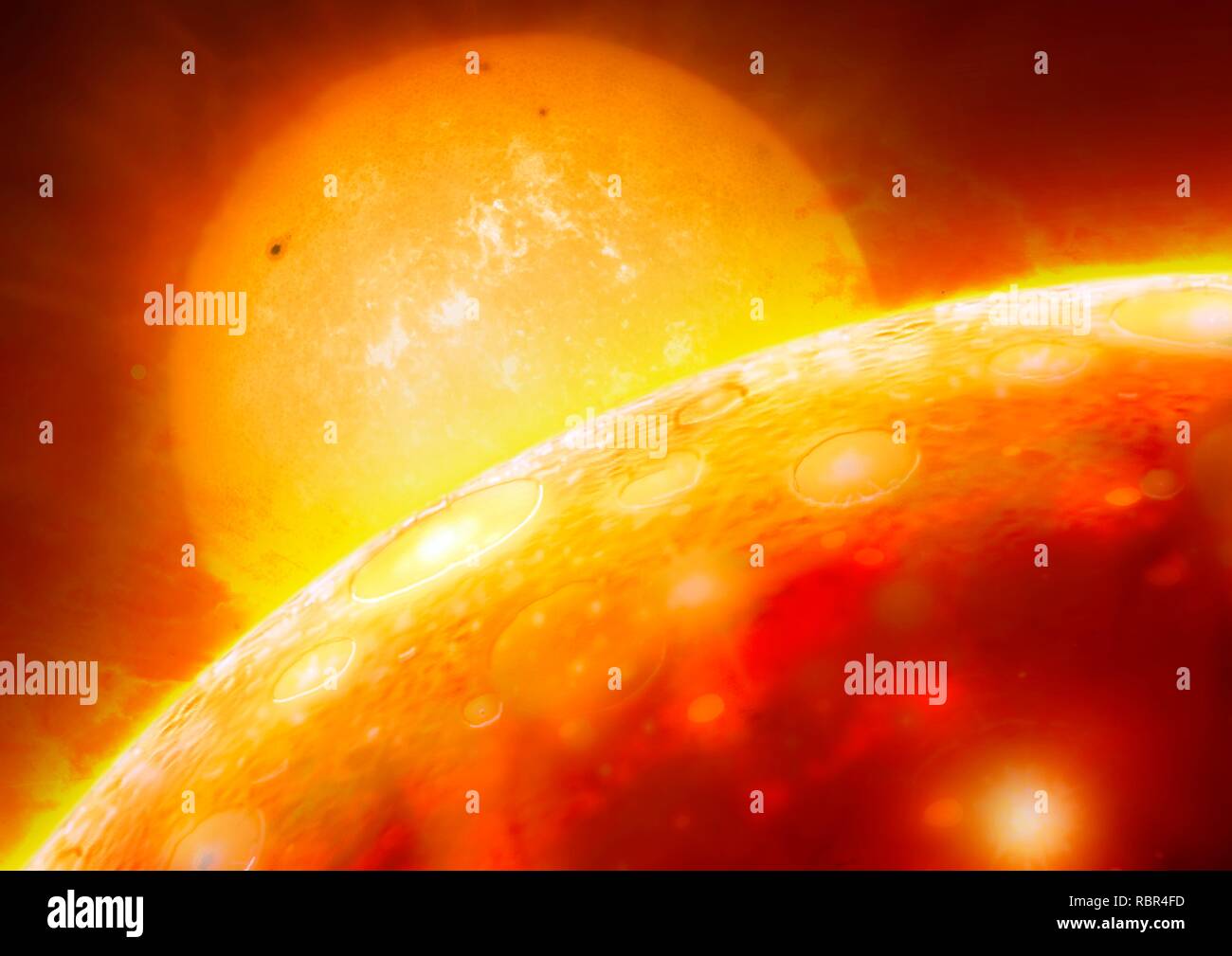 Abbildung: CoRoT-7b. Dies ist ein super - Erde, 2009 umkreist die Sonne entdeckt - wie Stern CoRoT-7in Camelopardalis. Der Planet umkreist so eng - nur 1 60. Der Abstand der Erde von der Sonne -, die Astronomen vermuten, dass seine Oberfläche wahrscheinlich geschmolzen ist. Es kann als viel mehr massiven Gasriesen, wie Saturn begonnen haben, aber nach und nach seine Gashülle aufgrund der Strahlung von seinem Stern verloren. All das ist heute links ist der ursprüngliche felsigen Kern. Die Tagestemperaturen auf dem Planeten erreichen kann 2000 Celsius, aber drop C auf der Nachtseite bis -200. Stockfoto