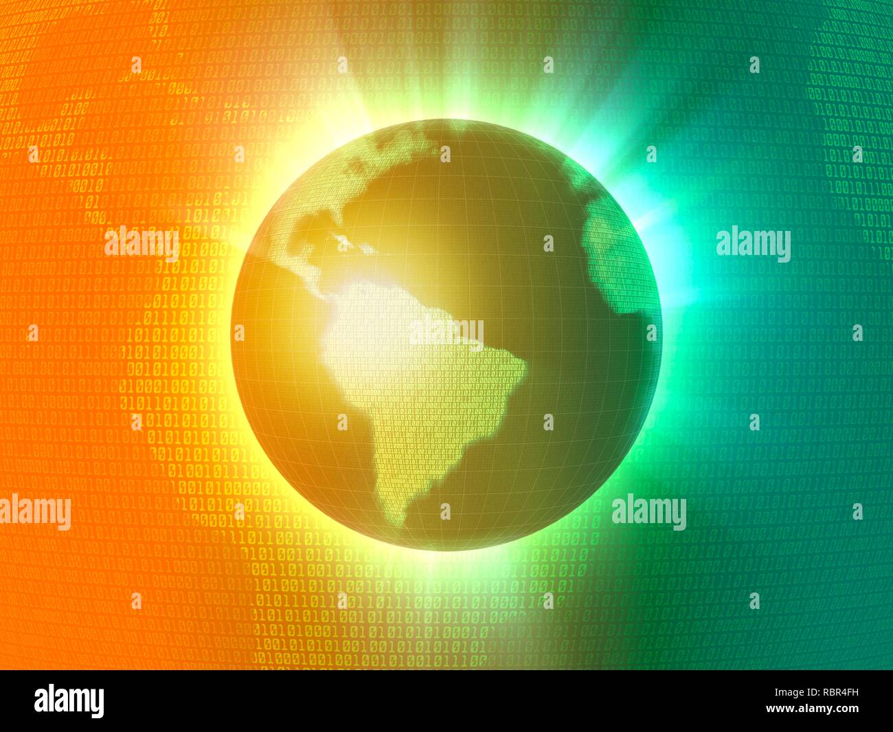 Abbildung der Erde, mit der Kontinente in binären Code dargestellt. Dies könnte die Globalisierung dar, das Internet, digitale Währung oder der Technologie im allgemeinen. Stockfoto