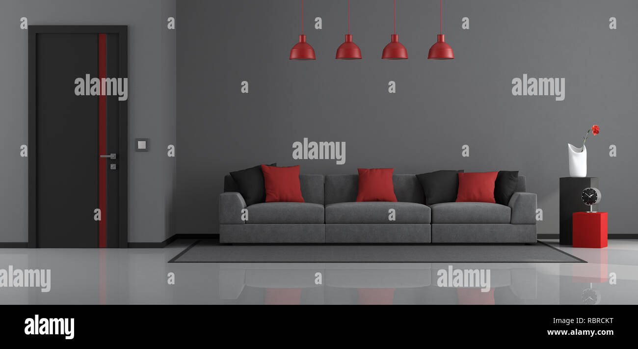 Grau, Schwarz und Rot modernes Wohnzimmer mit Sofa und geschlossene Tür - 3D-Rendering Stockfoto
