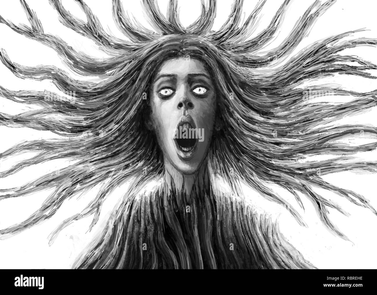 Göttin des Chaos mit wallenden Haar vor. Fantasy Abbildung. Roter Hintergrund Stockfoto