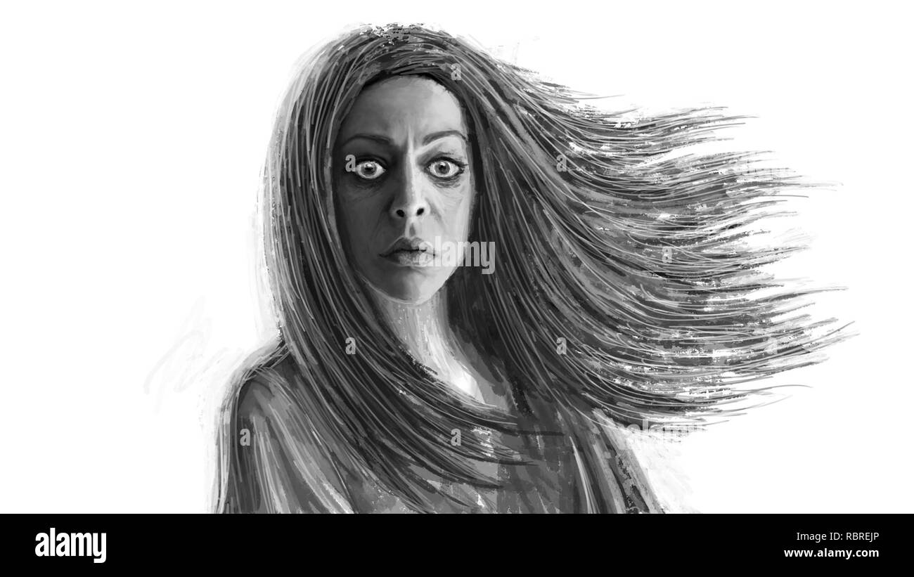 Dunkle Schamane Frau mit wallenden Haar. Fantasy Abbildung vor. Stockfoto