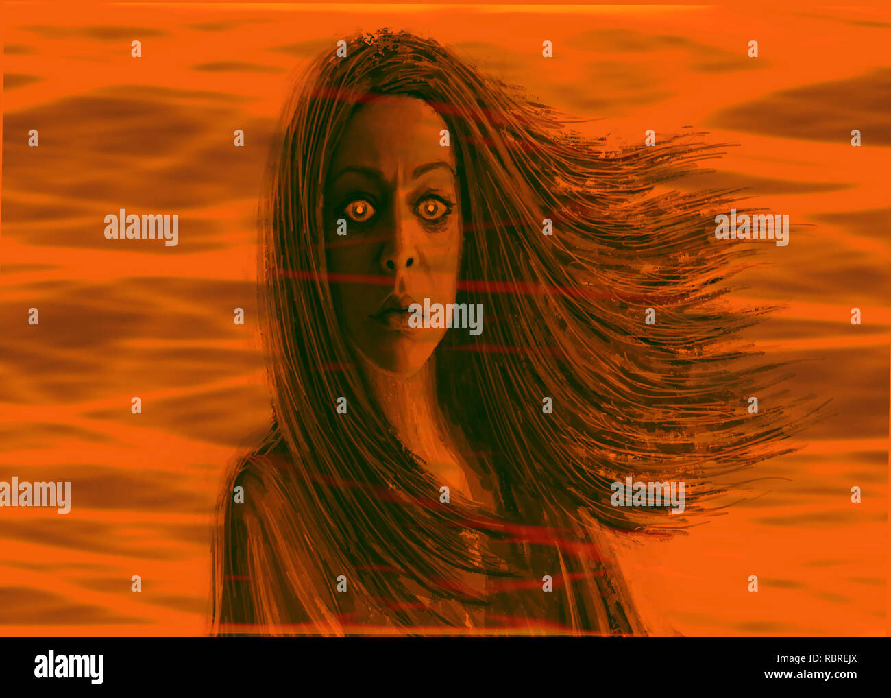 Dunkle Schamane Frau. Fantasy Abbildung vor. Orange Hintergrund Stockfoto