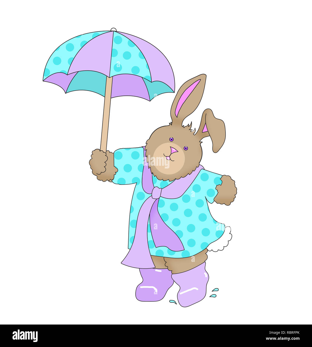 Abbildung: ein Kaninchen / hase trägt blaue und Lavendel Kleidung und Stiefel, mit einem Regenschirm vor einem weißen Hintergrund Stockfoto