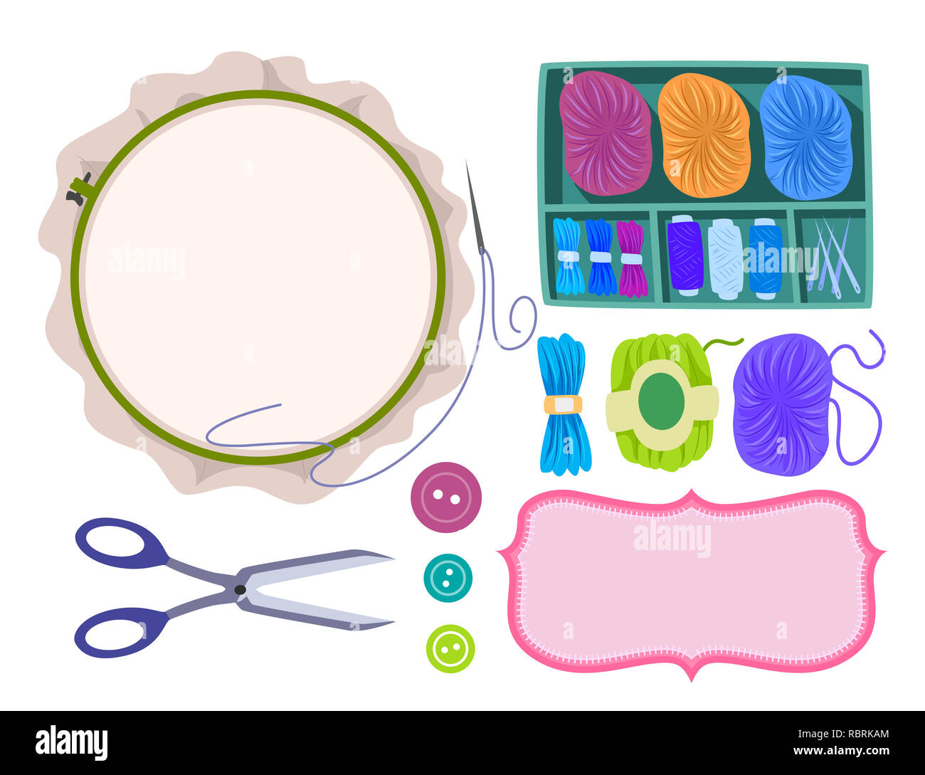 Abbildung: Stickerei Elemente von Scheren, Buttons, Hoop, Rahmen, Nadel, Faden und Garn Stockfoto