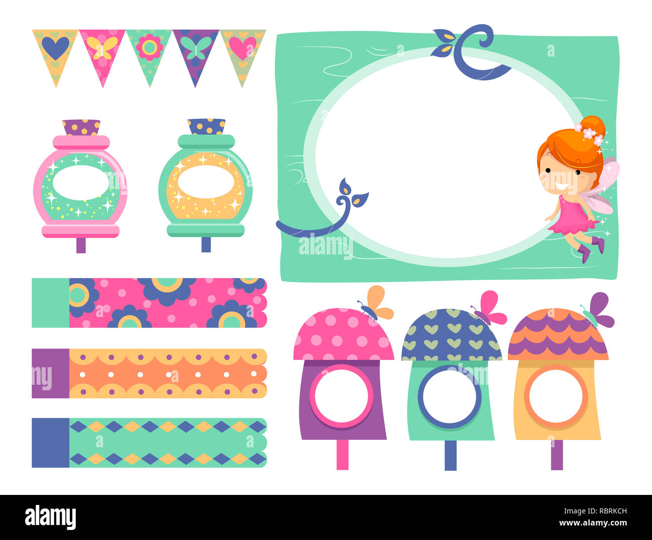 Abbildung: Fairy Elemente mit Rahmen, nette Häuser, Banner, Zaubertrank und Wimpel Banner Stockfoto