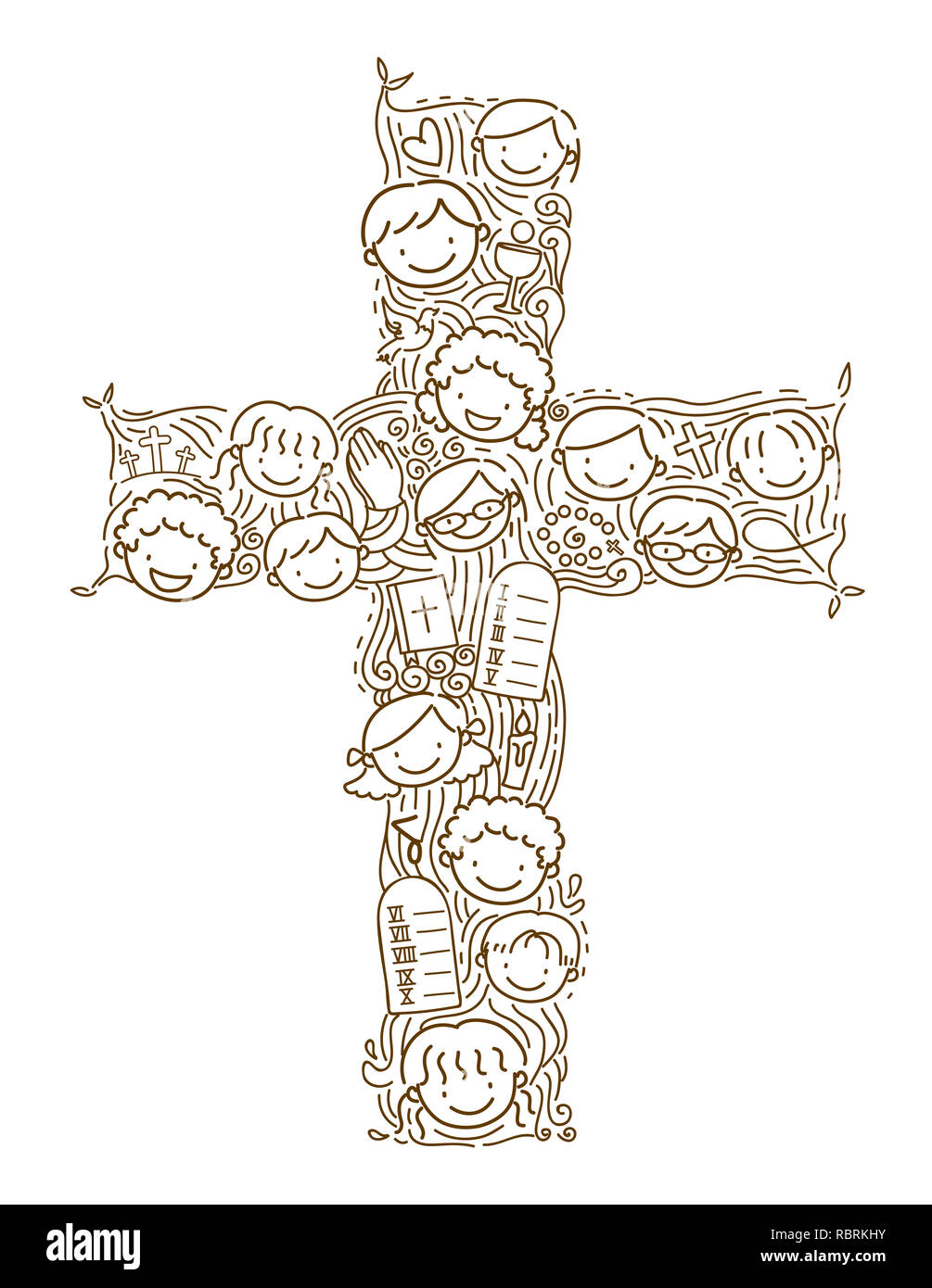 Abbildung: Stickman Kinder Köpfe und christliche Elemente bilden ein Kreuz Stockfoto